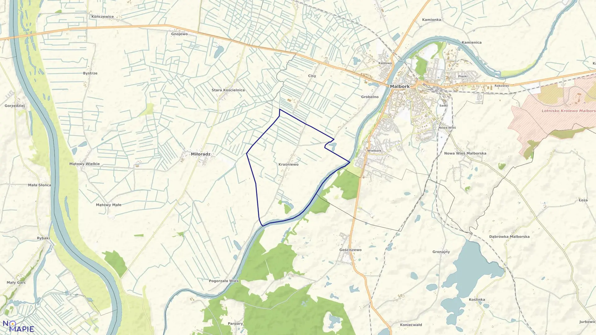 Mapa obrębu Kraśniewo w gminie Malbork