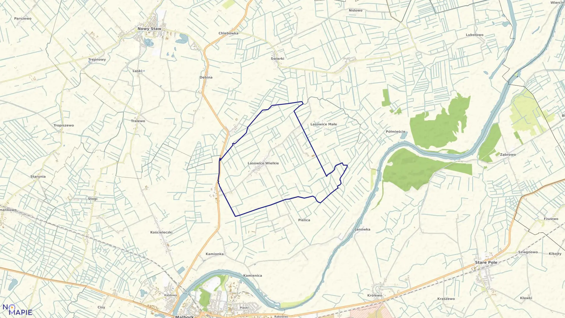 Mapa obrębu Lasowice Wielkie w gminie Malbork